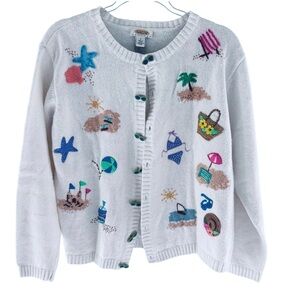 Talbots Beach Embroidered Cardigan Coastal White LP
